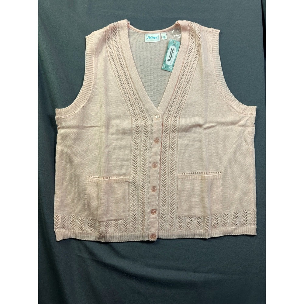 National Soft Pink Knit Button Front Cardigan Vest Pointelle Pockets 3X 10253